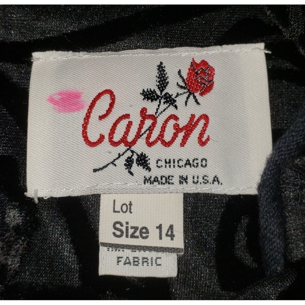Vintage Caron Velvet Embossed Top Blouse Womens Black Sz 14 Lined Sheer Sleeves - Picture 12 of 14
